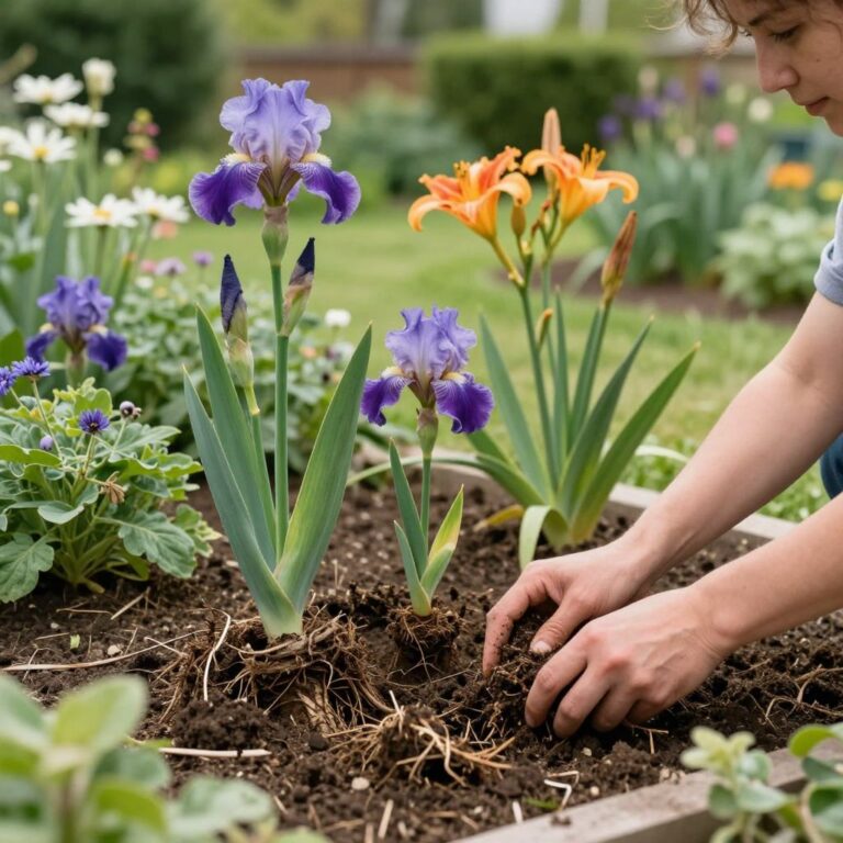 Gardener's hands dividing perennial clumps in rich soil with vibrant hostas, daylilies, and coneflowers under morning light.