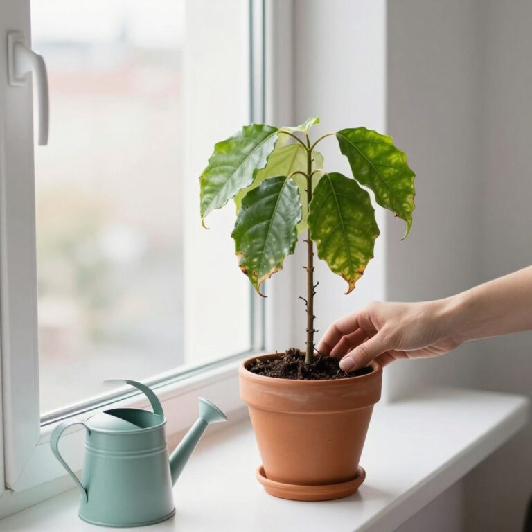 A wilting houseplant being revived with gentle watering on a kitchen table.