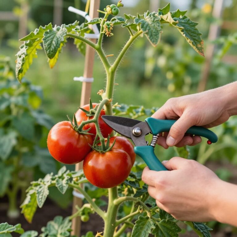 Hands expertly pruning a tomato plant in a sunlit backyard garden, showcasing ripe tomatoes and green leaves.