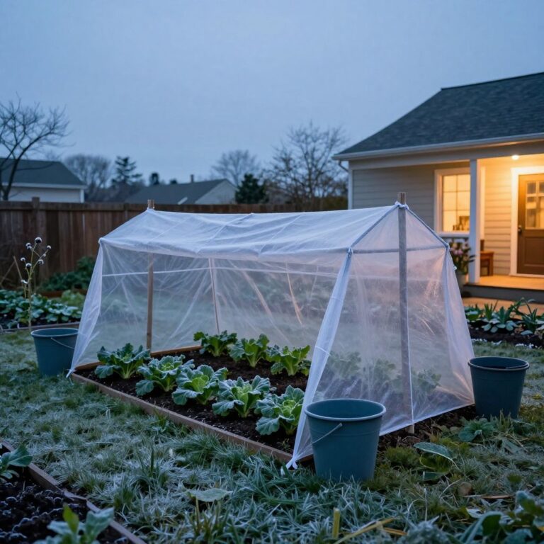 A beautifully arranged spring garden with seedlings and flowers protected by frost cloth and buckets at dusk.