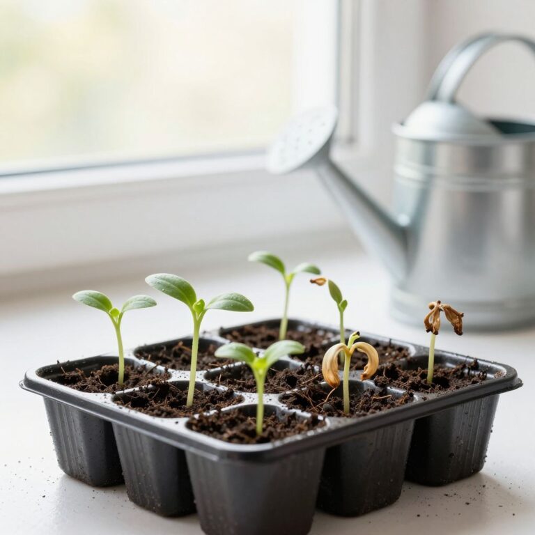 Close-up of a seedling tray with a wilted young seedling in moist potting mix.
