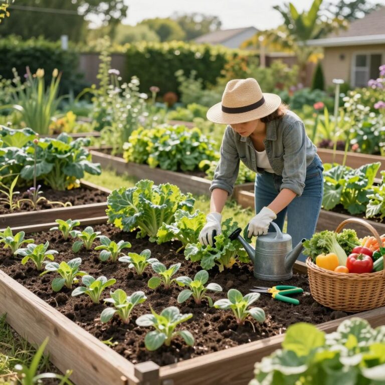 Vibrant late-summer garden at sunset with a gardener harvesting tomatoes and preparing for fall crops