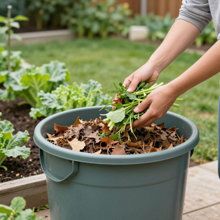 Beginner-friendly backyard compost setup with a person layering scraps
