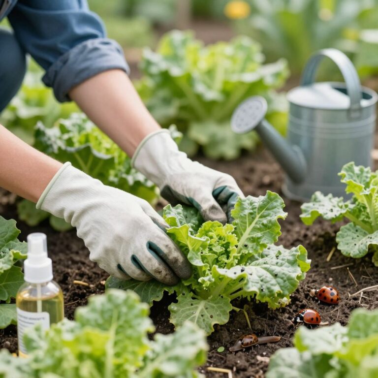 Gardener inspecting damaged leaves in a lush home garden, highlighting common pests like aphids and slugs.