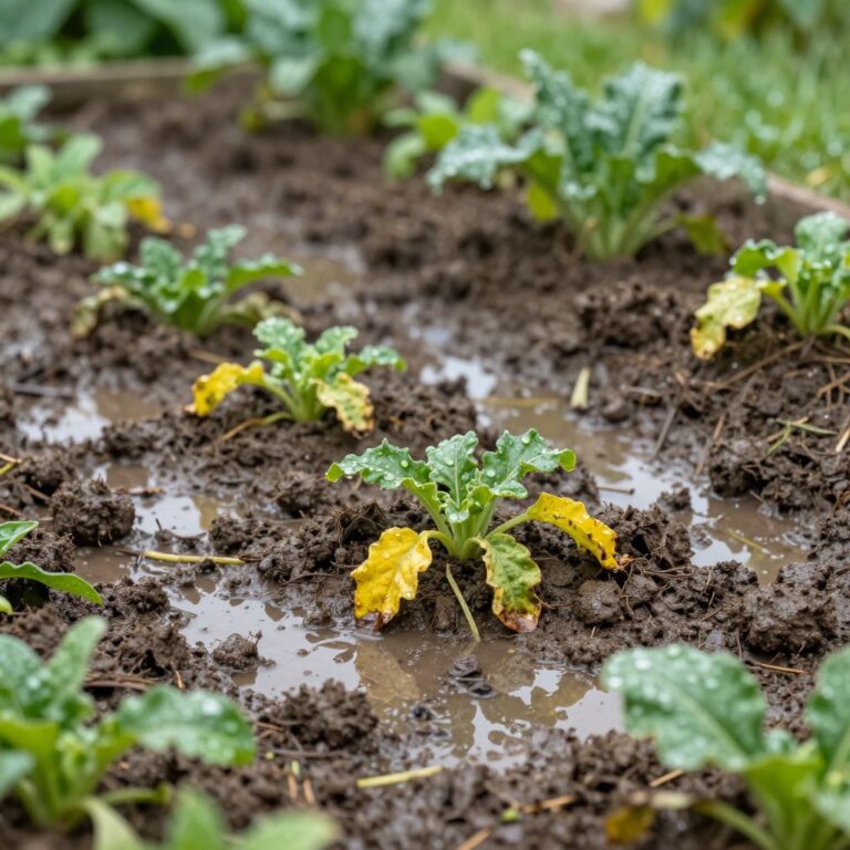 Overwatered vegetable and flower bed with drooping leaves and puddles