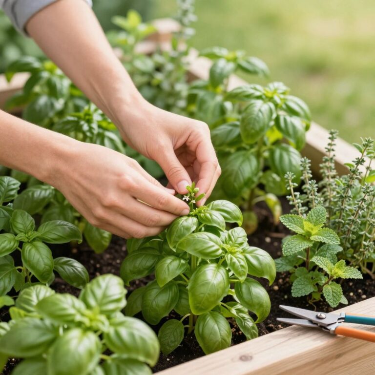 Gardener pinching flower buds from lush basil, cilantro, and mint in a bright kitchen garden.