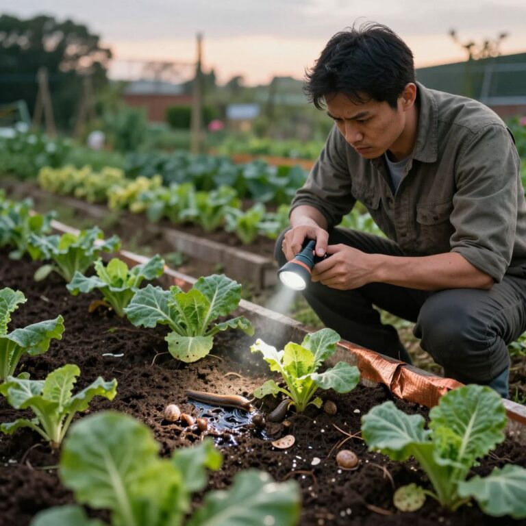 A gardener inspecting a vegetable bed at dawn with slug damage visible.
