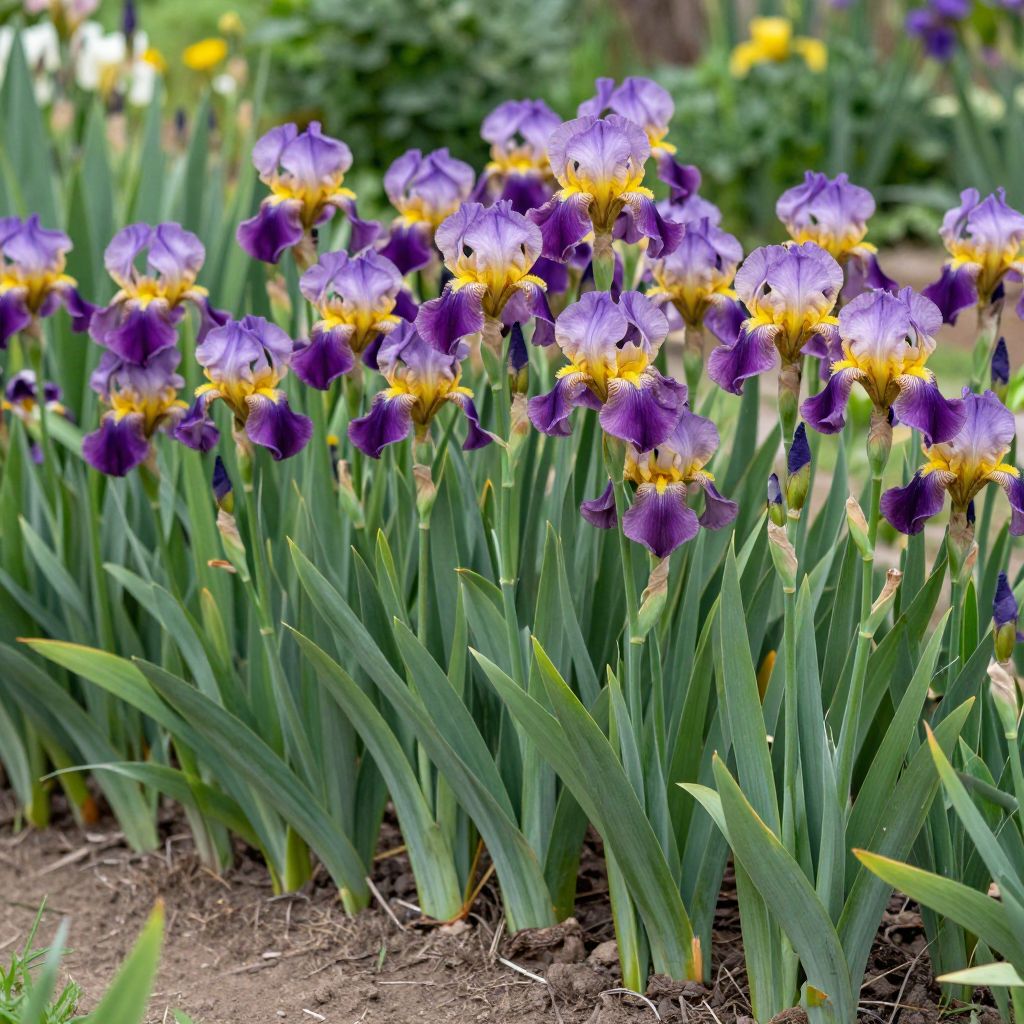 Gardener dividing crowded iris rhizomes with green foliage nearby.