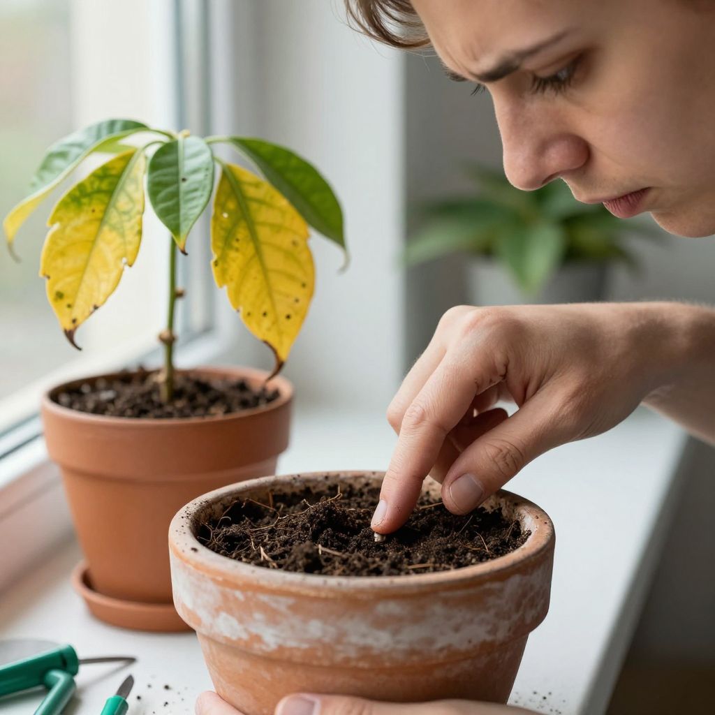 Checking soil moisture in a wilting plant to identify issues.