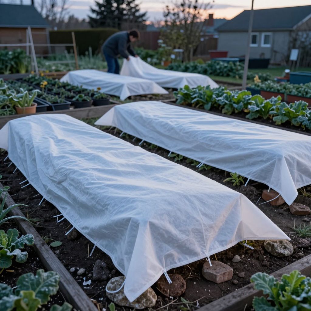 Old sheets draped over plants in a spring garden protect them from frost.