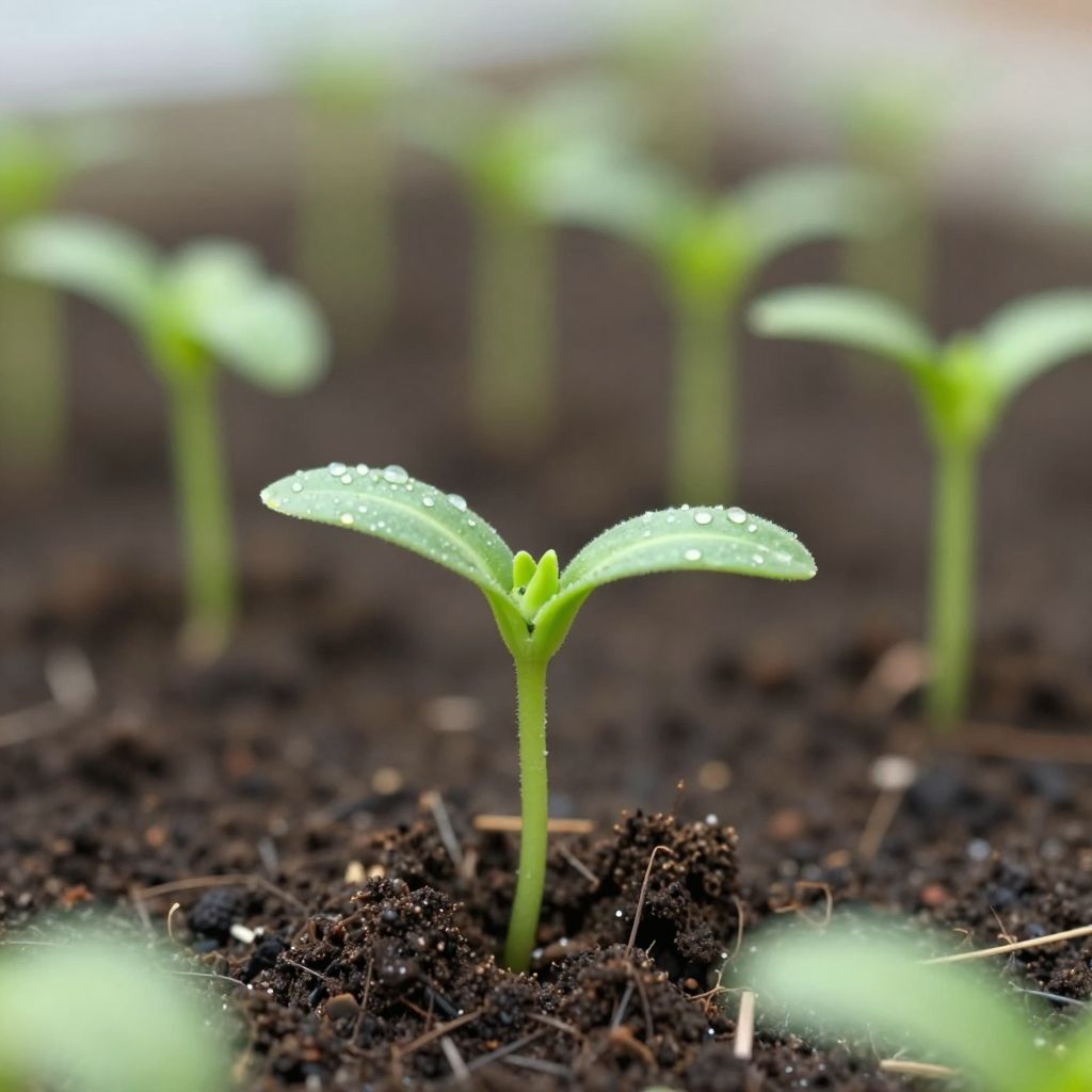 Damp seedling tray showing signs of overwatering with leggy seedlings.
