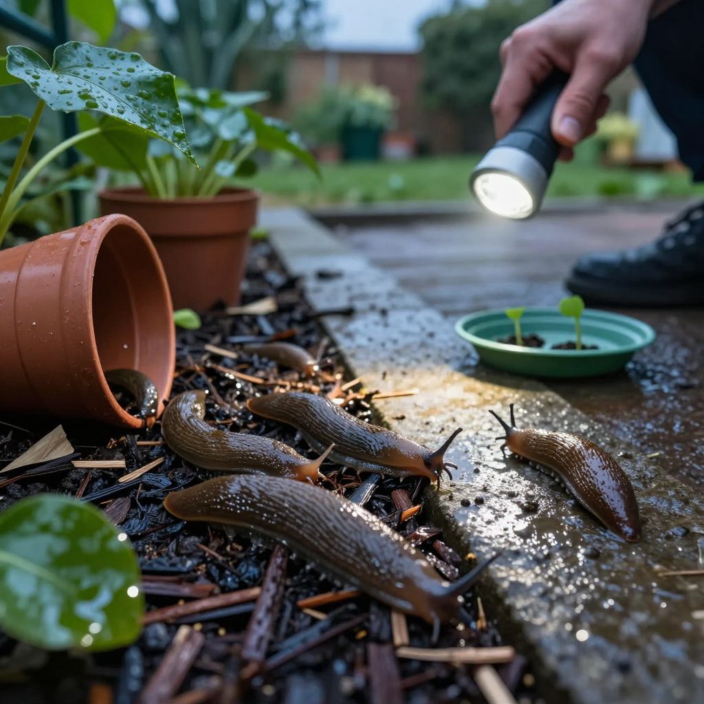 A gardener hand-picking slugs in a damp garden before nightfall.