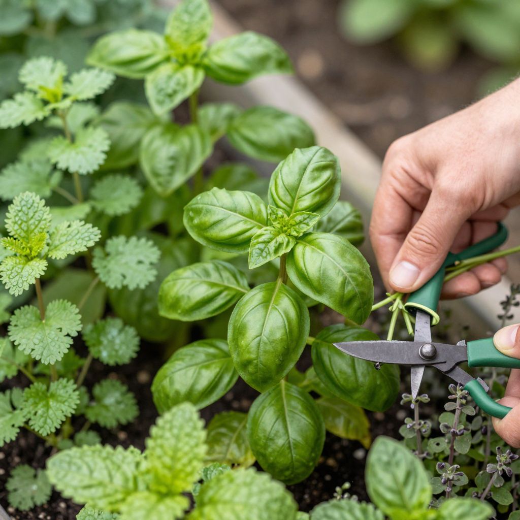 Gardener snipping basil, cilantro, and mint to encourage leaf growth.