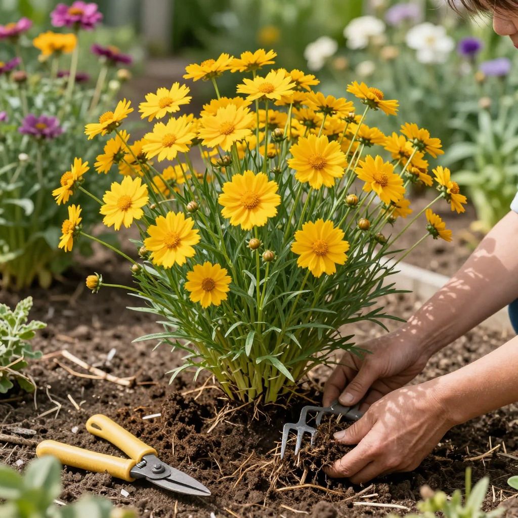 Coreopsis plants being divided for more even flowering.