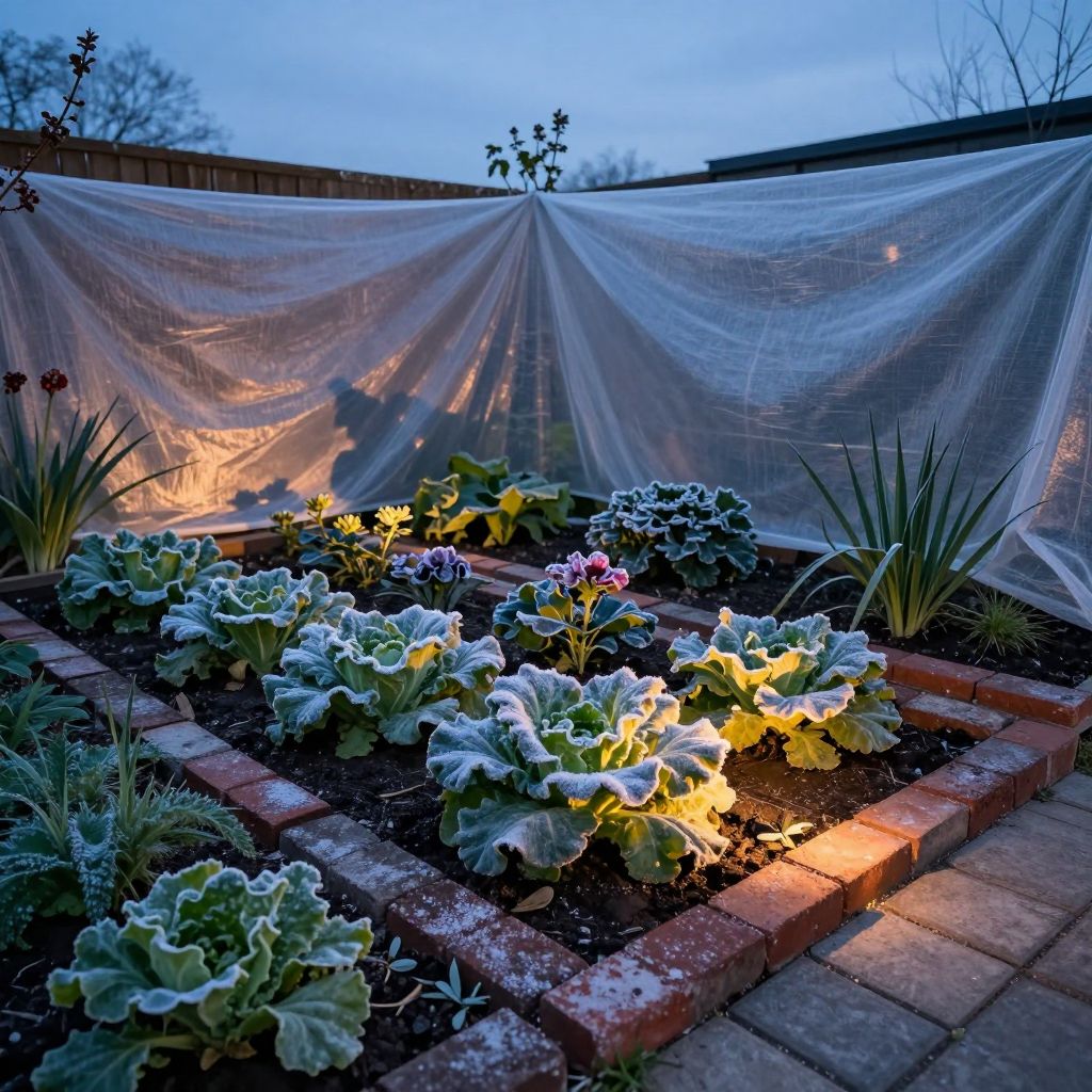 Dark heat-retaining objects placed around plants in a garden.