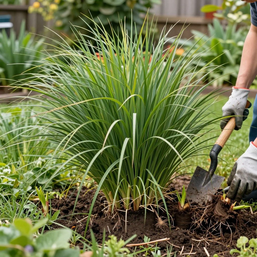 Ornamental grasses being divided for a neater appearance.