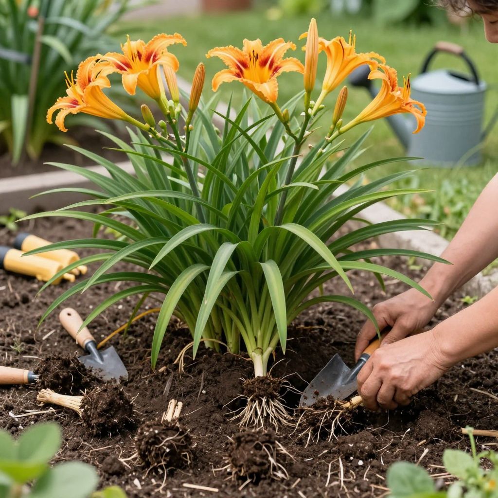 Daylily clumps being separated for better bloom production.