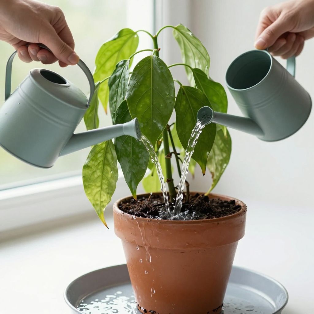Watering a plant deeply to rejuvenate its health after checking the soil.