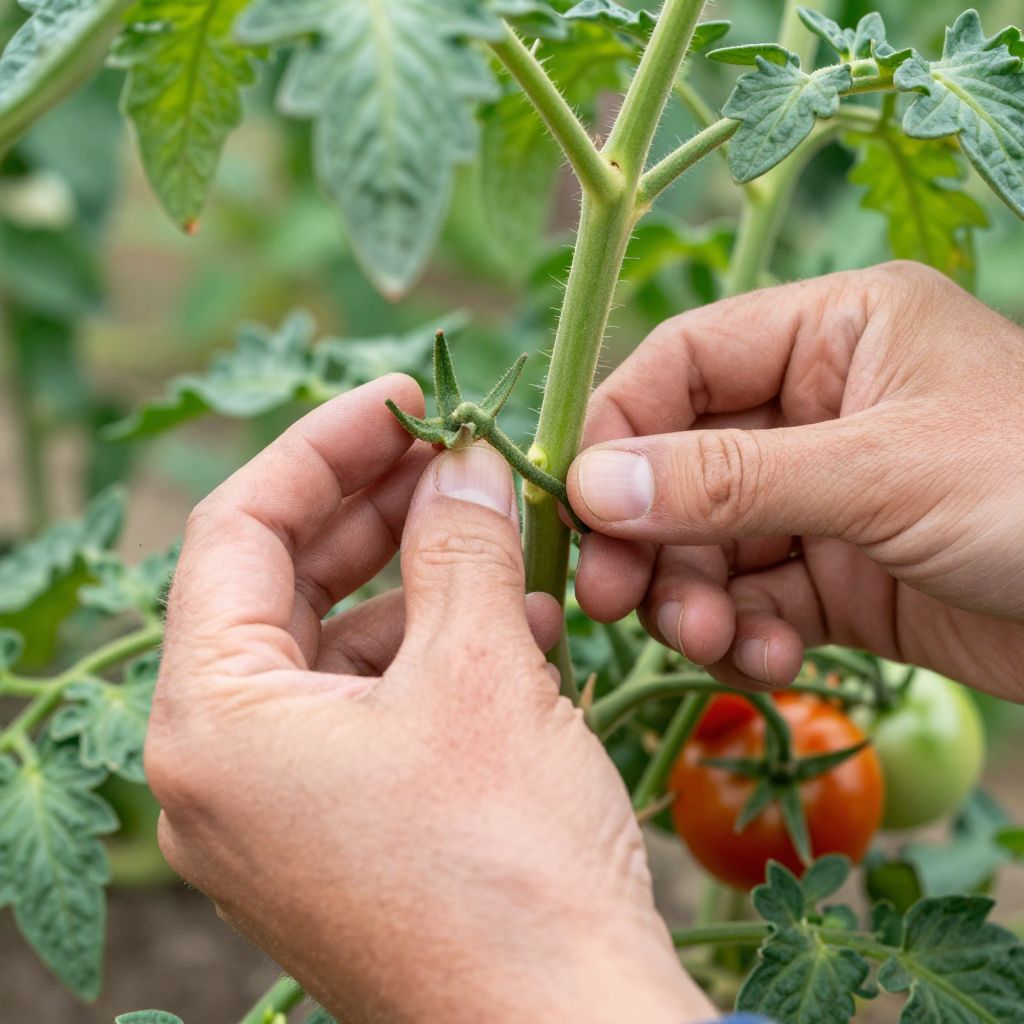 Removing suckers from a tomato plant to improve fruit production.