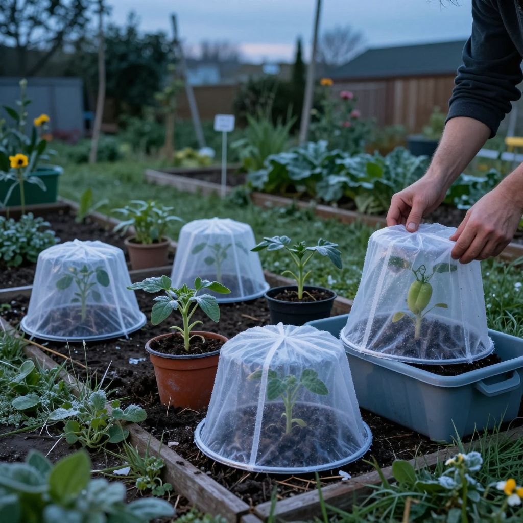 Upside-down buckets and tubs provide individual frost protection in a garden.