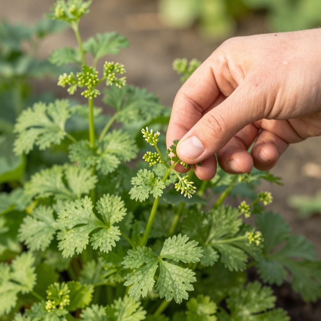 Close-up of removing flower buds from a cilantro plant.
