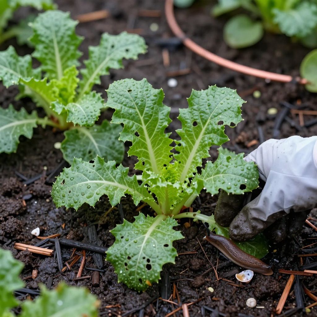 Slugs leaving holes in garden leaves after nighttime feeding.