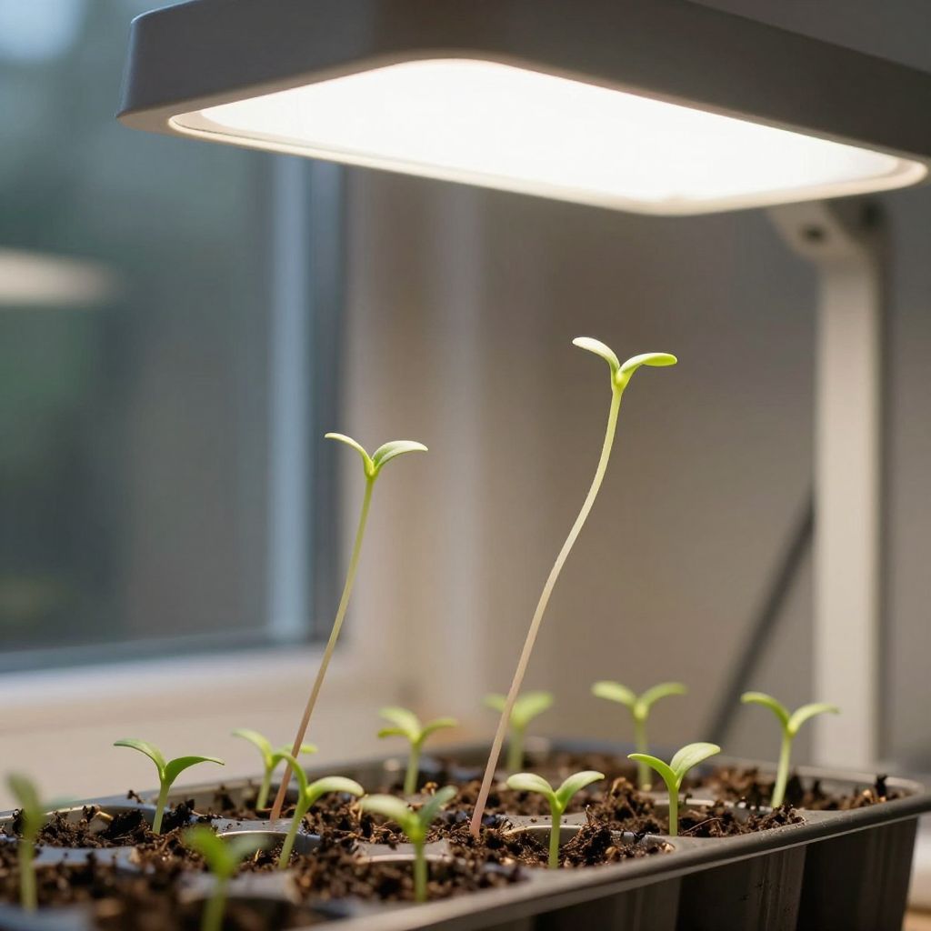 Leggy seedlings leaning towards bright grow lights for better light exposure.