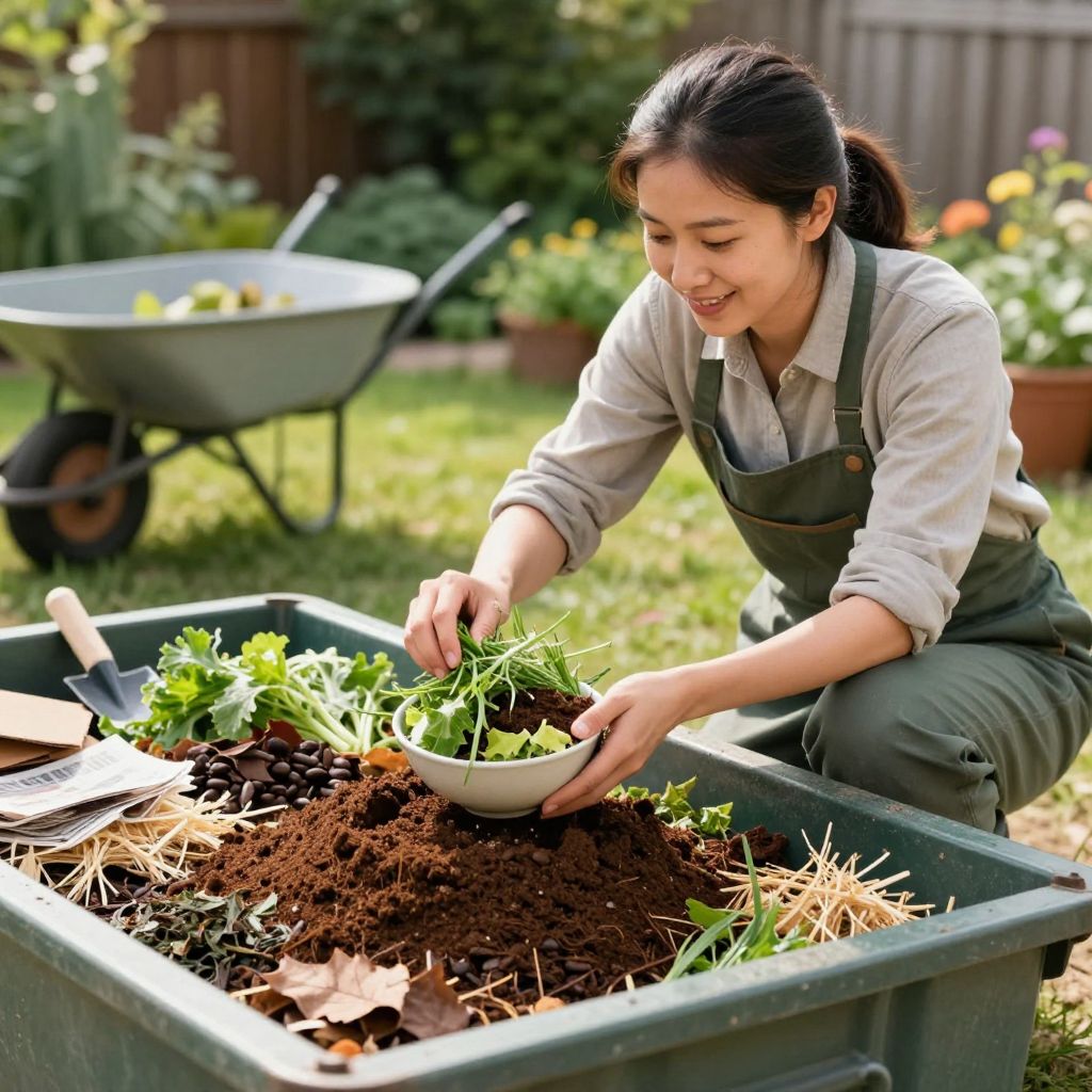 Gathering kitchen scraps and dry leaves for compost