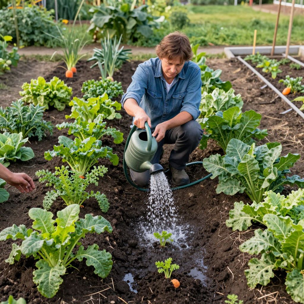 A gardener watering plants deeply to sustain growth during late summer heat