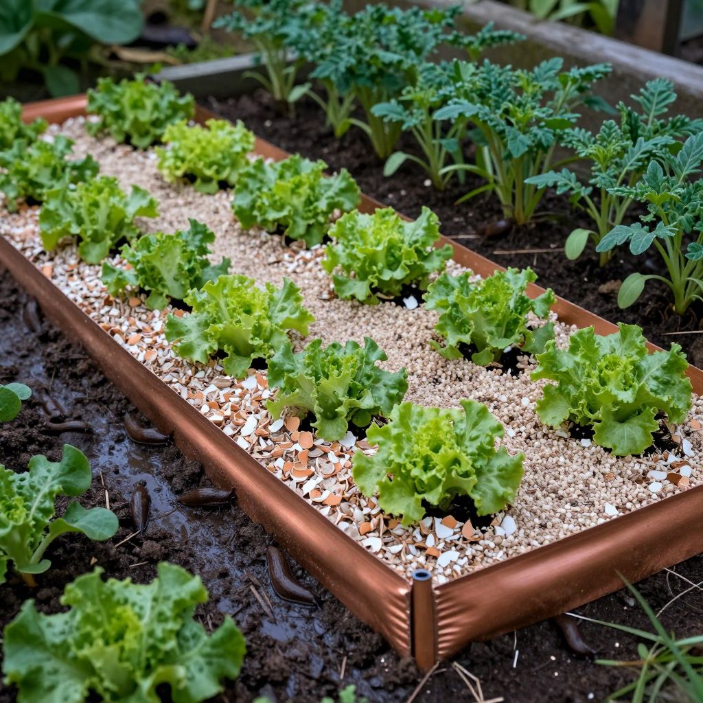 Crushed eggshells and copper tape creating a barrier around plants.