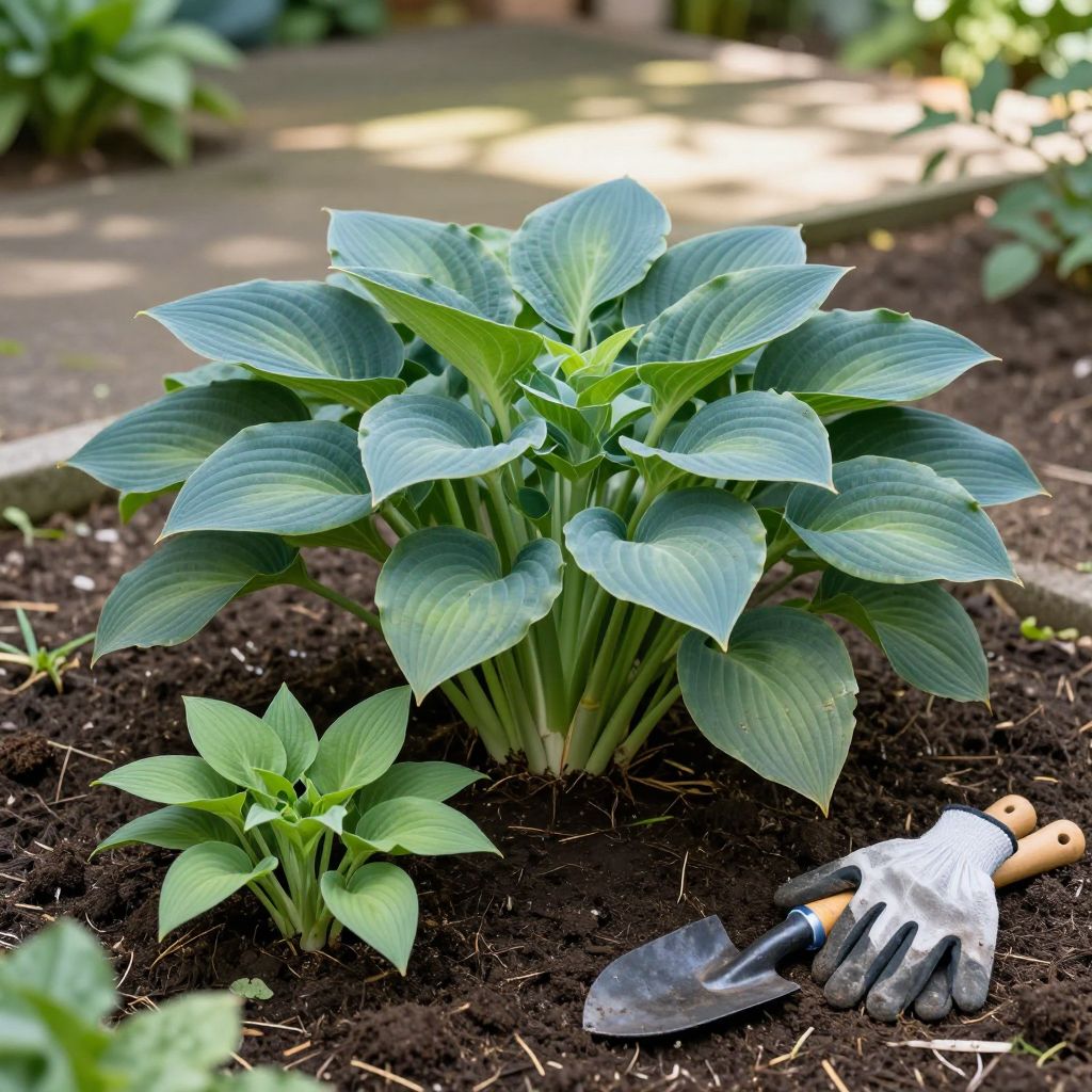 Splitting hostas in a garden for healthier growth.