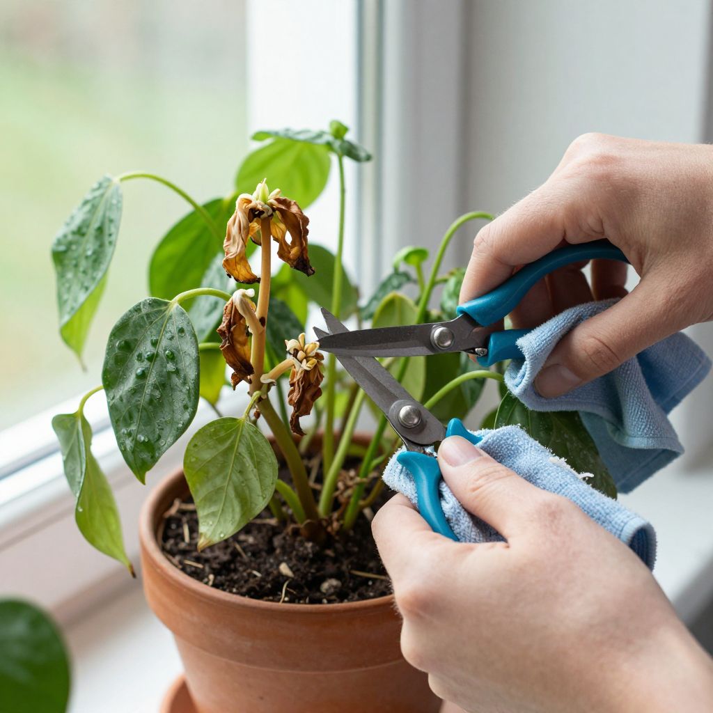 Trimming dead leaves from a wilting plant for better growth.