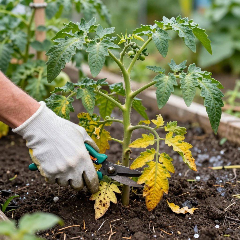Trimming lower leaves of tomato plants to prevent disease.
