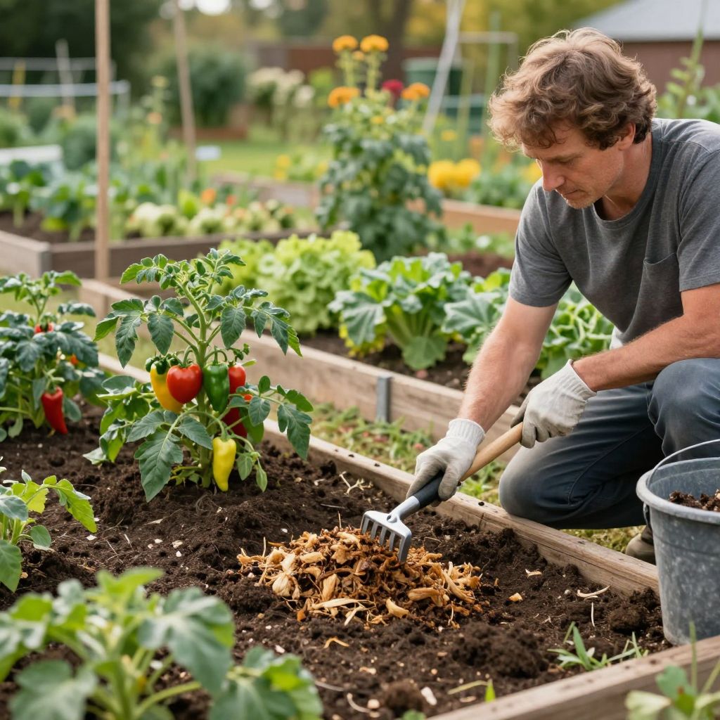 Adding compost to enrich tired garden soil ahead of fall planting