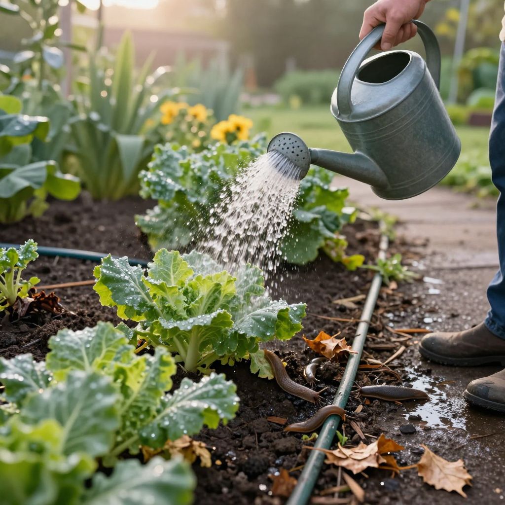Morning watering technique preventing slug attraction in a garden.