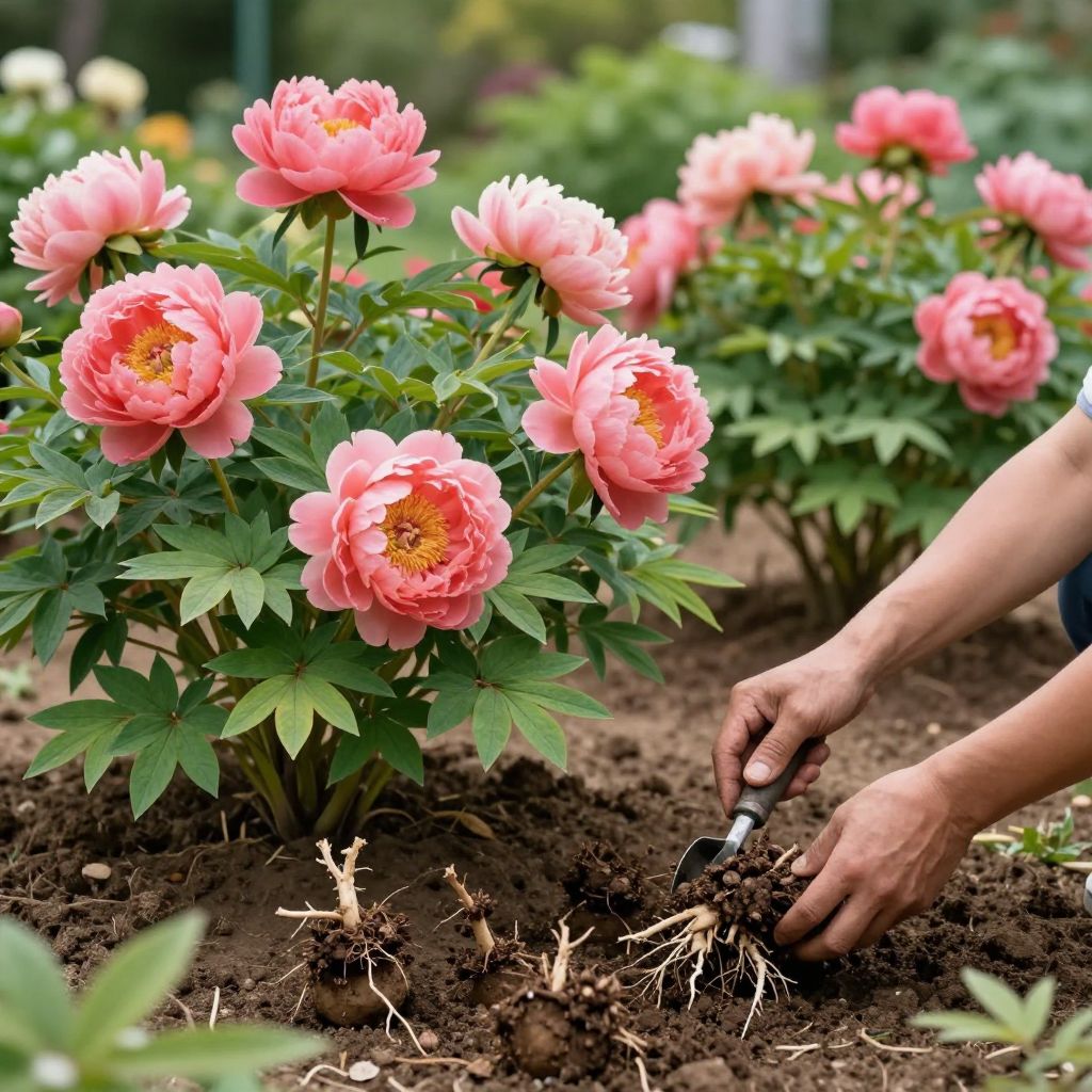 Carefully dividing peonies for better floral displays.