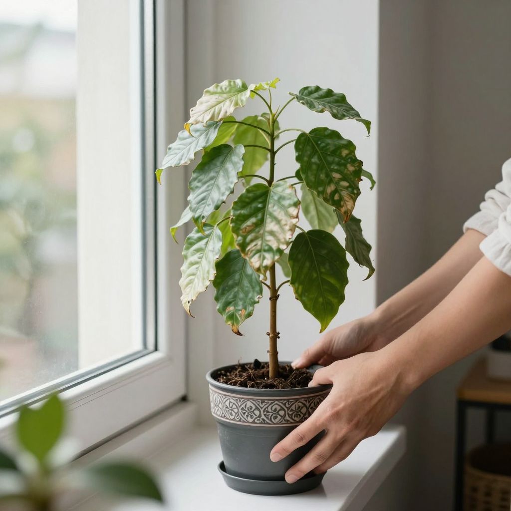 Repositioning a wilting plant to a brighter, more suitable location.