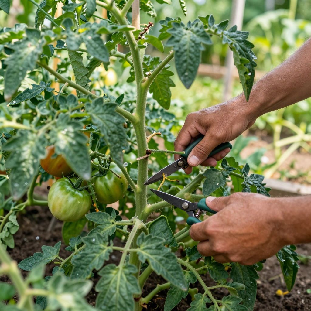 Thinning the center of a tomato plant for better light and airflow.