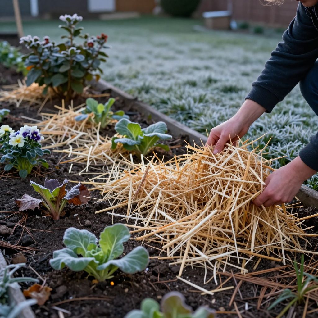 Fresh mulch around tender plants retains soil warmth during frost.