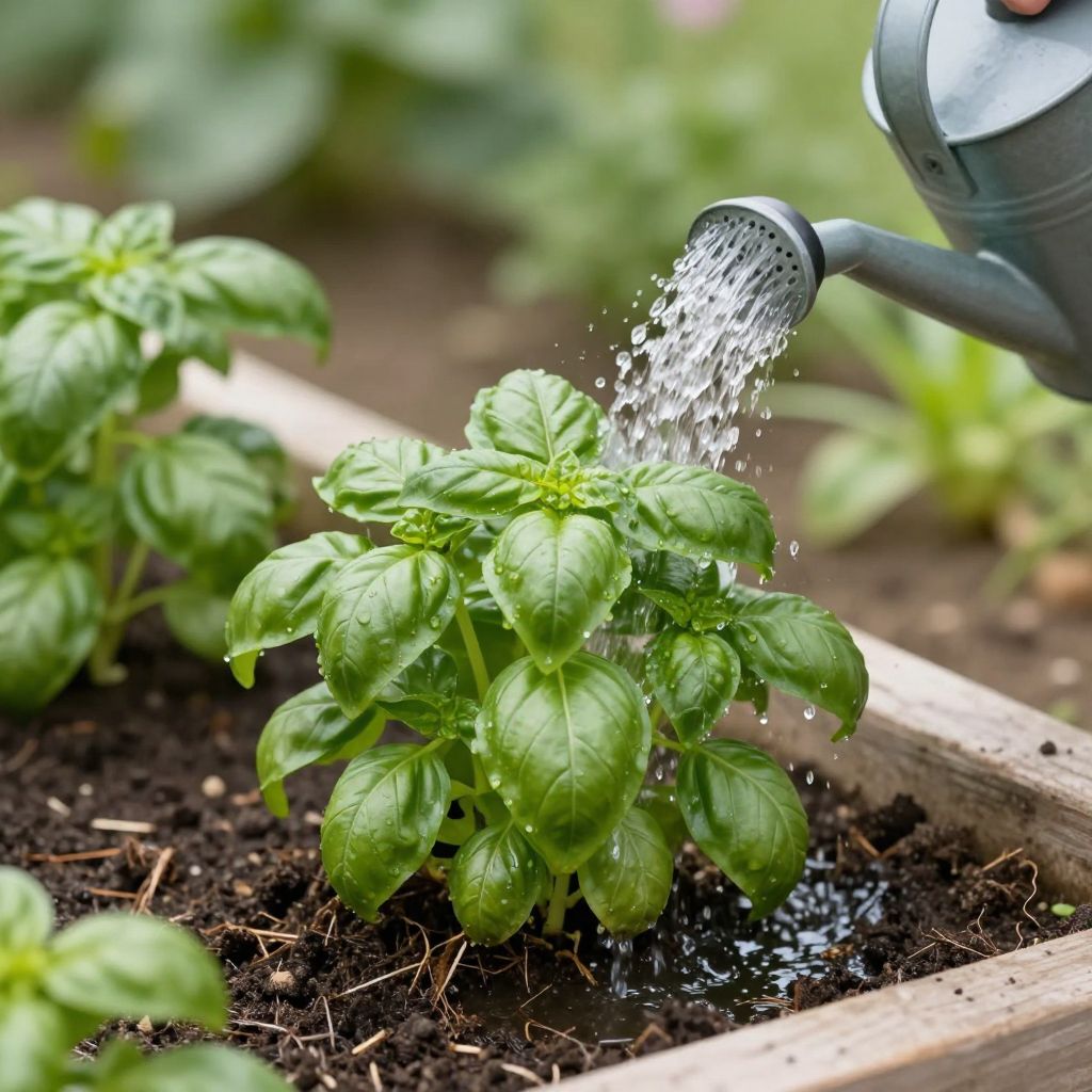 Watering herbs deeply in a garden setting.