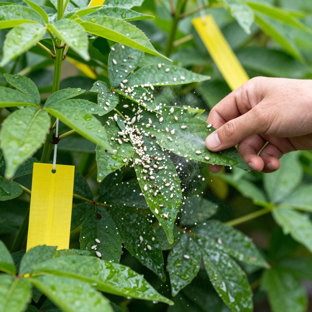 Whiteflies flying around infested plant leaves in a home garden.