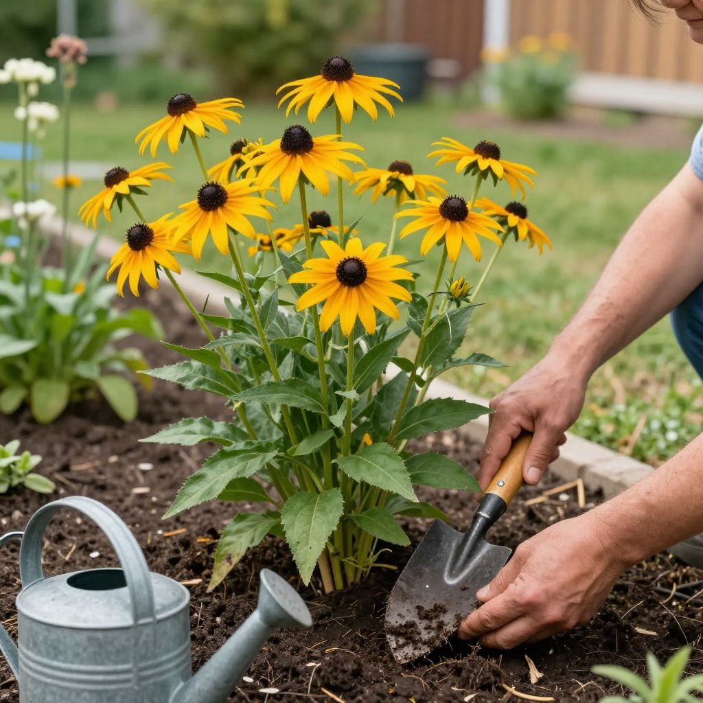 Crowded black-eyed susans being divided for healthier plants.