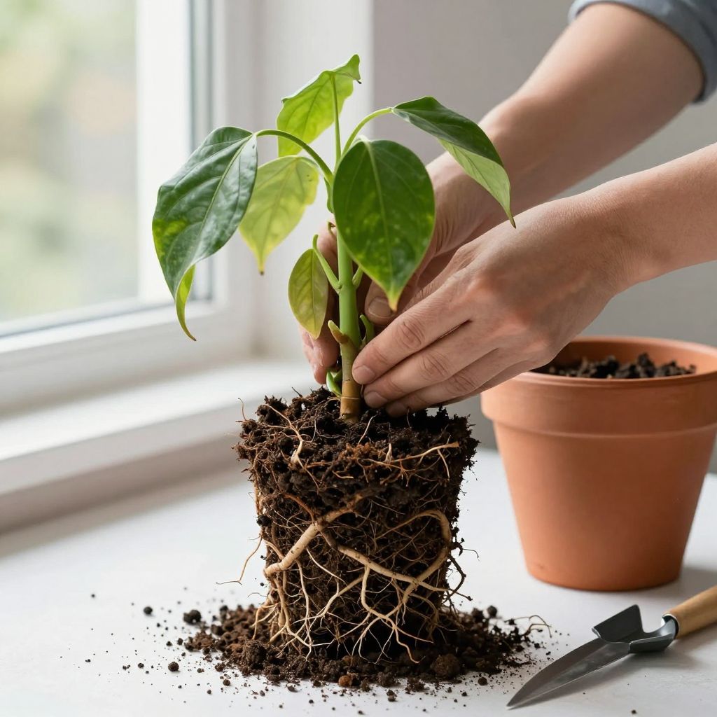 Repotting a plant to enhance root health and growth.