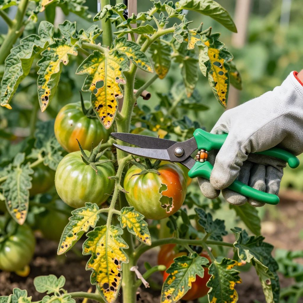 Cutting away diseased leaves on a tomato plant.