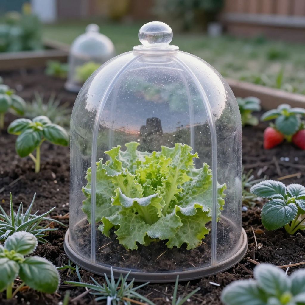 Glass cloches protect individual plants in a spring garden.