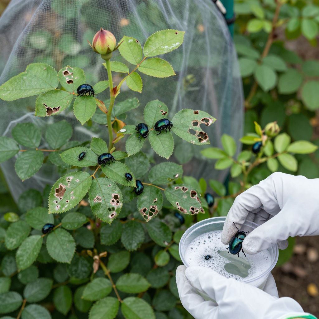 Japanese beetles damaging flower petals in a garden.