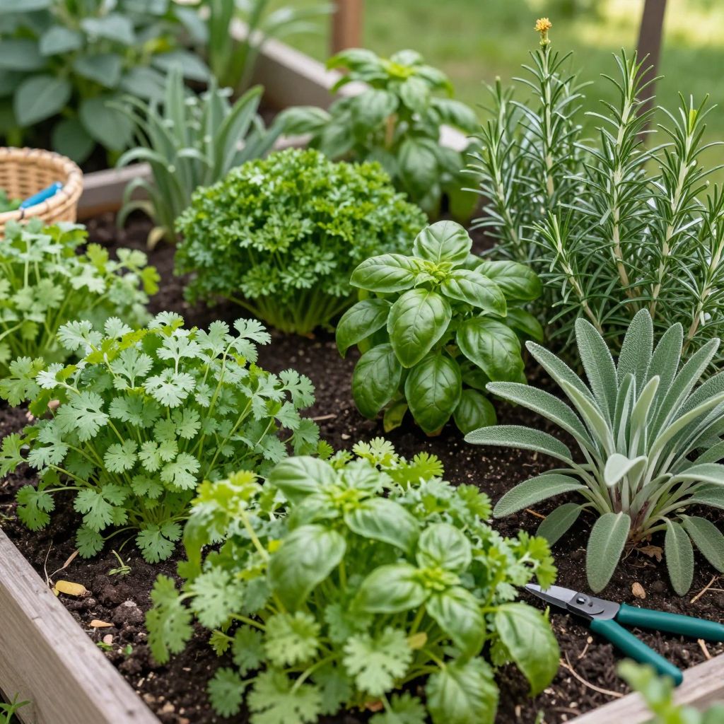 Display of slow-bolting herb varieties in pots.