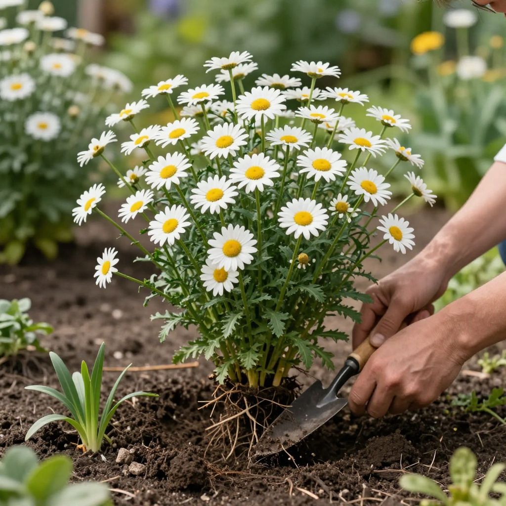 Refreshing divided shasta daisies in a sunny garden.