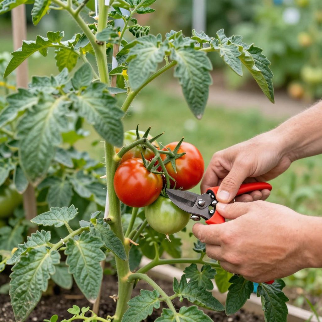 Pruning tomato plants gently to ensure healthy growth.