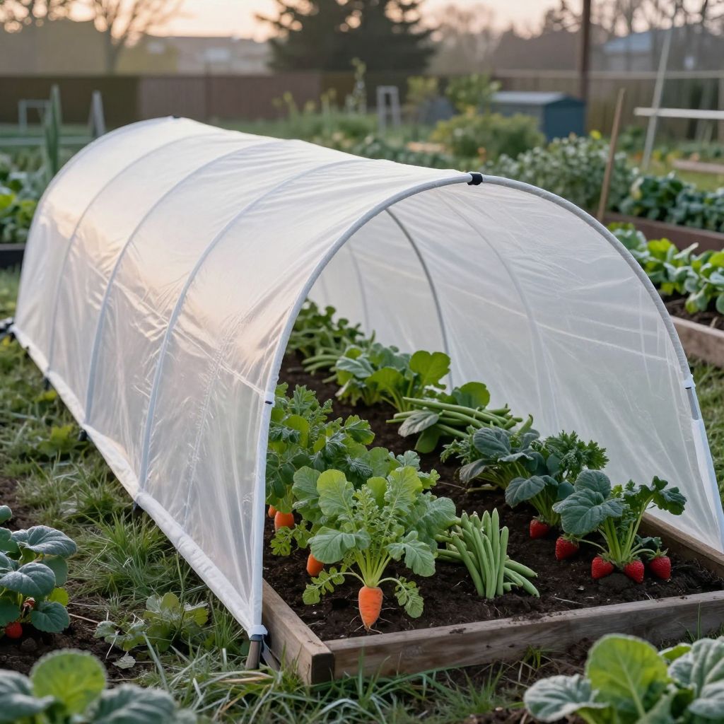 Row cover tunnels provide frost protection for entire plant rows.